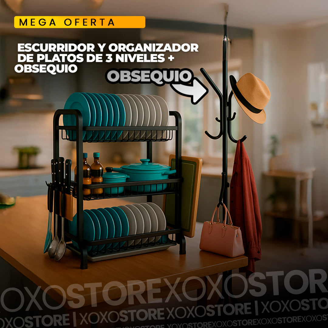 Escurridor de platos de 3 niveles mas obsequio perchero metalico negro